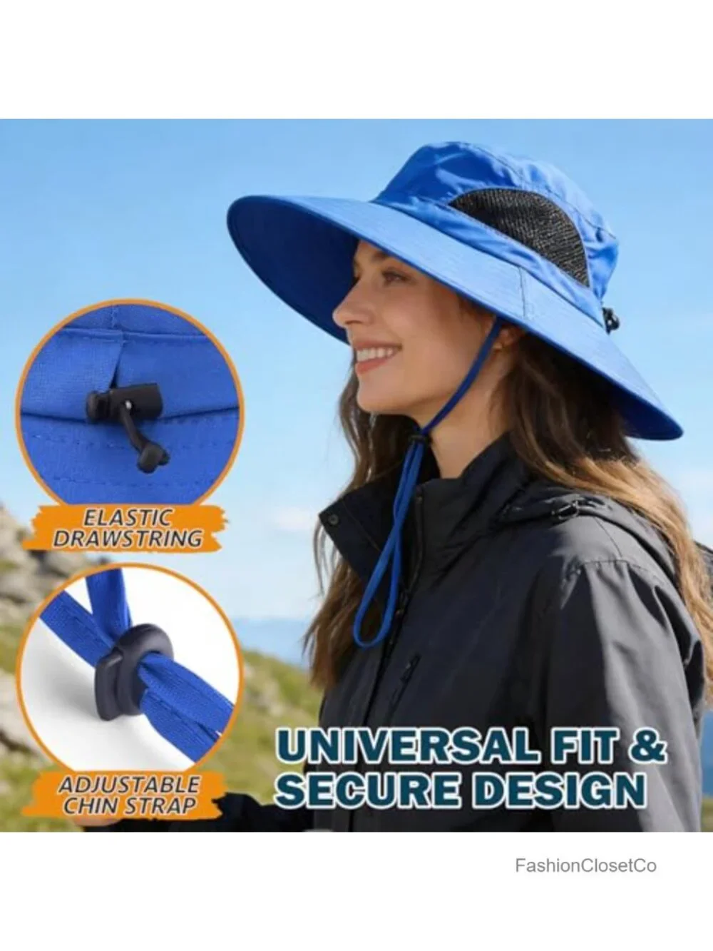 Wide Brim Sun Bucket Hat UPF 50+ Waterproof Adjustable Chin Strap Unisex